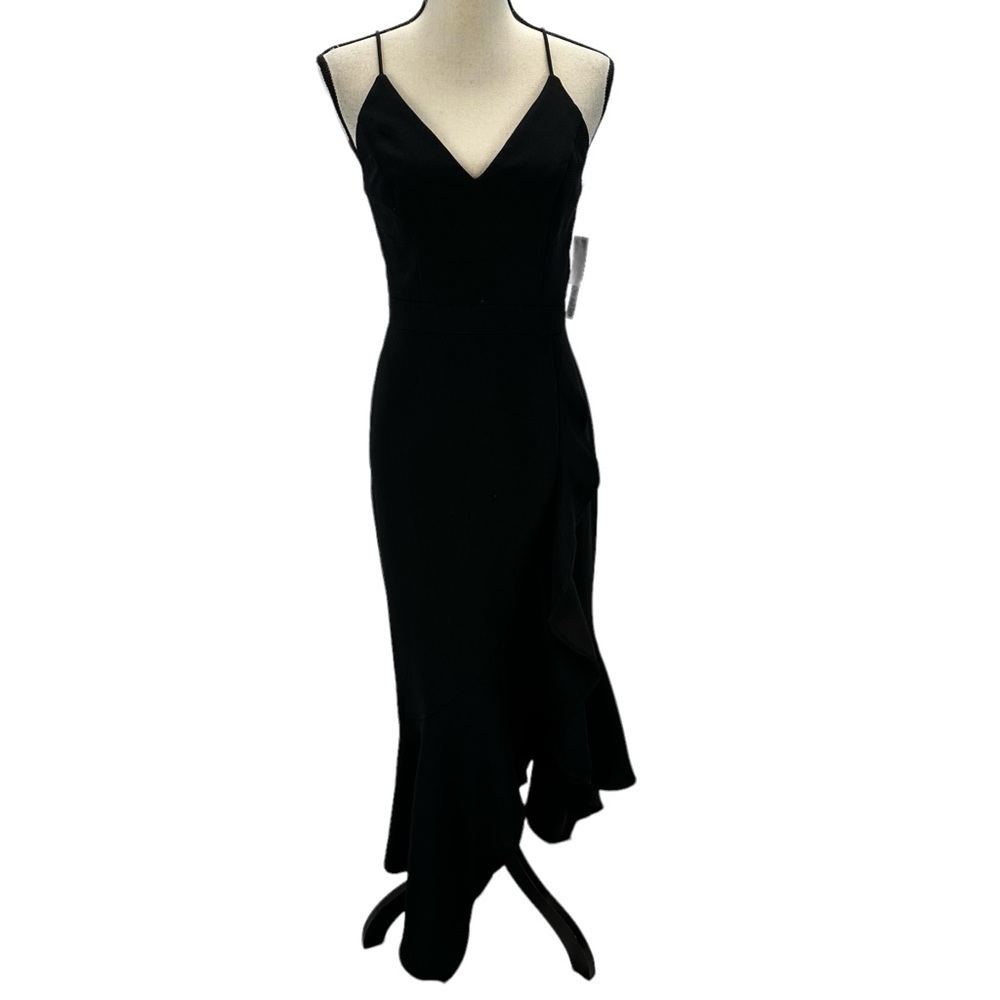 XScape Sleeveless Spaghetti Strap Side Ruffle Maxi Gown - Black - size 4